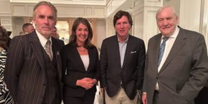 Alberta Premier Danielle Smith with three gentlemen of her acquaintance, Jordan Peterson, Tucker Carlson and Conrad Black, in Calgary.