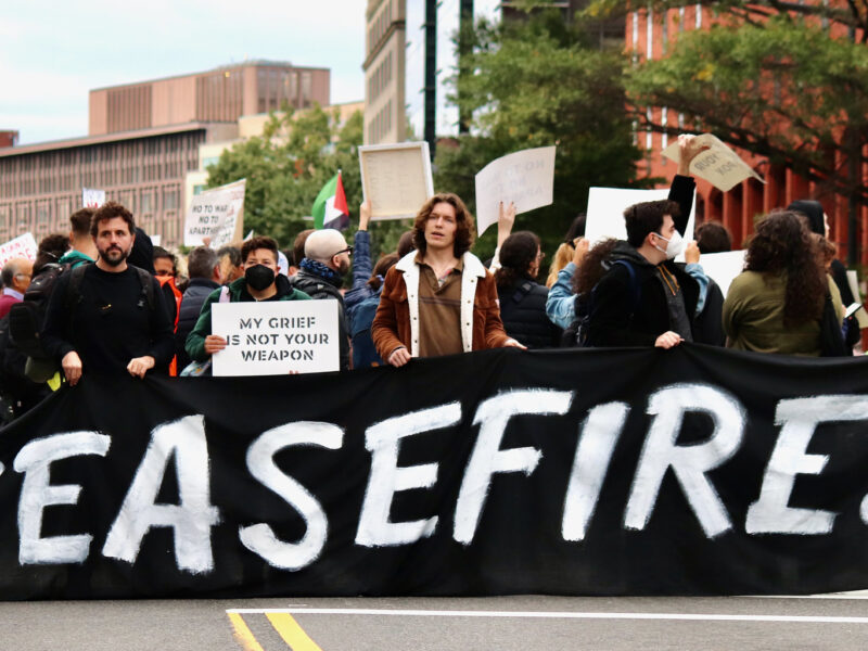 Ceasefire banner displayed during protest of war on Gaza