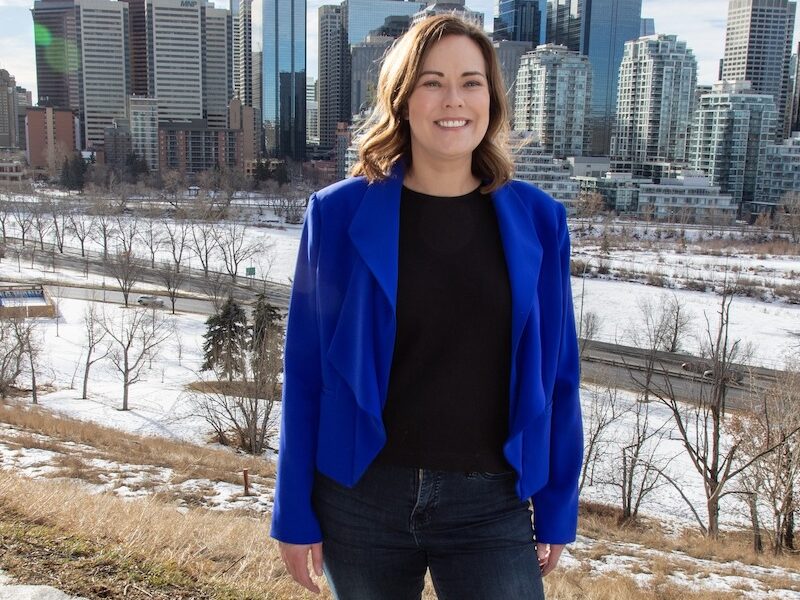 NDP leadership candidate Kathleen Ganley with Calgary’s skyline in the background.