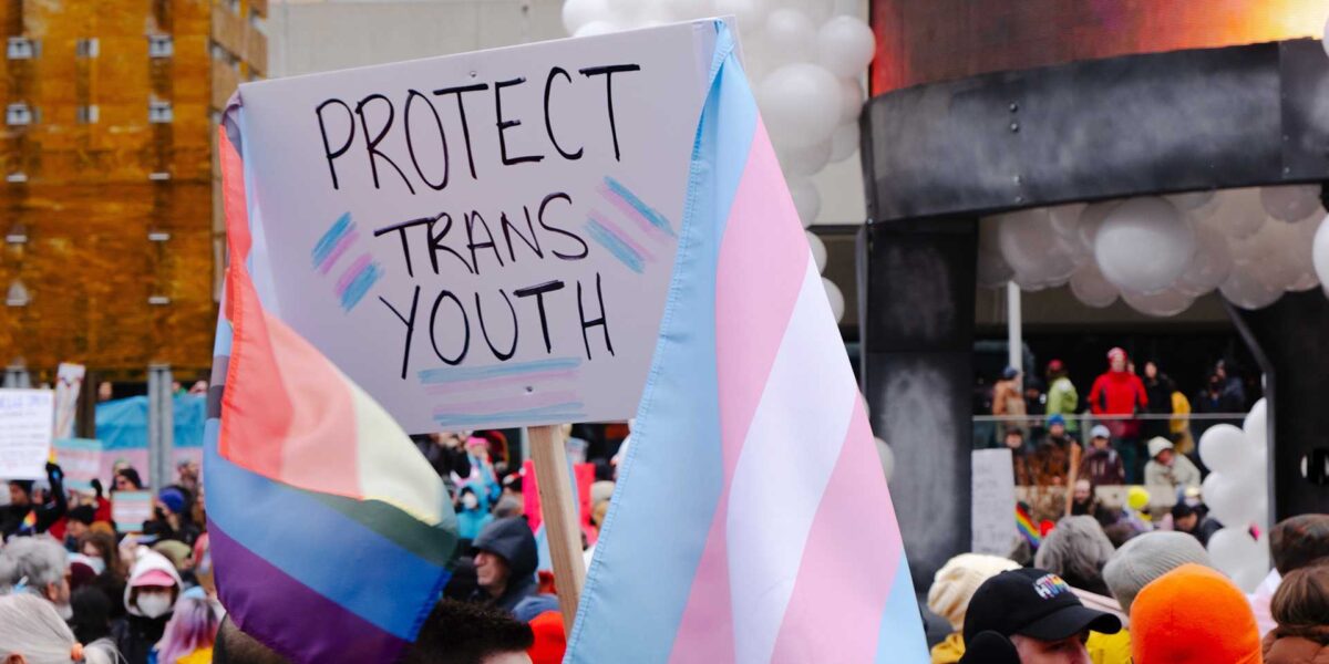 A sign calling for the protection of trans youth at one of the recent school protests.