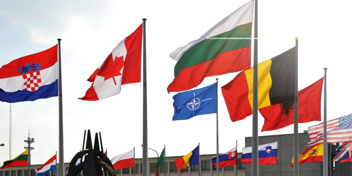 NATO member flags outside of NATO headquarters in Brussels, Belgium.