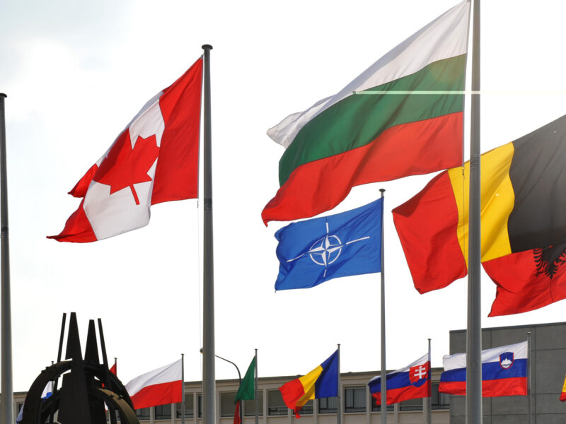 NATO member flags outside of NATO headquarters in Brussels, Belgium.