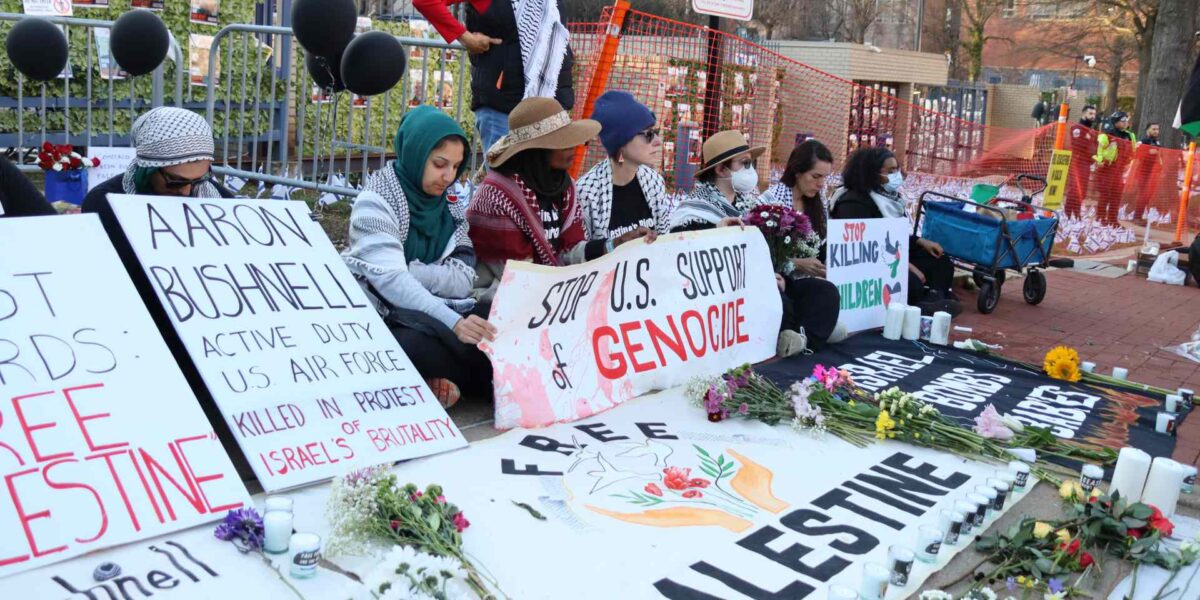 A vigil remembering Aaron Bushnell, who self-immolated in protest of the war against the Palestinian people.