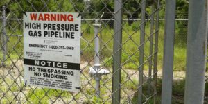 A warning sign for a natural gas pipeline.