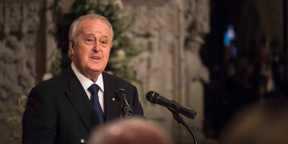 Brian Mulroney speaking at the funeral of former US President George HW Bush in 2018.