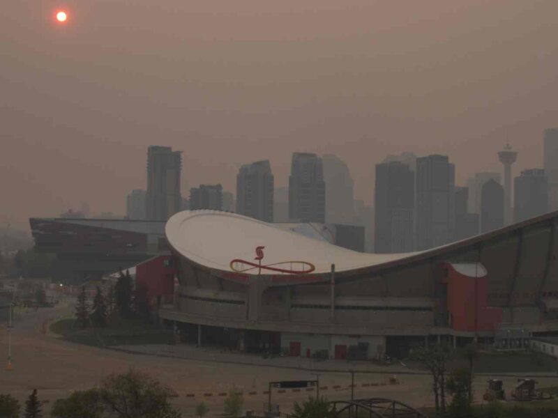 Downtown Calgary obscured by wildfire smoke in 2023.