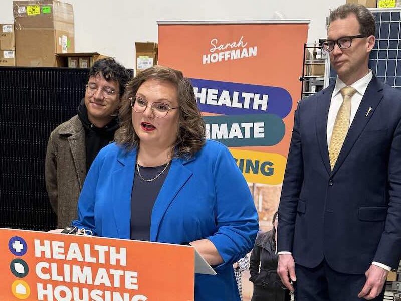 NDP leadership candidate Sarah Hoffman sets out her climate policy at an Edmonton solar equipment supply company yesterday, with her are climate organizer Juan Vargas Alba and Edmonton MLA Marlin Schmidt, her campaign chair.