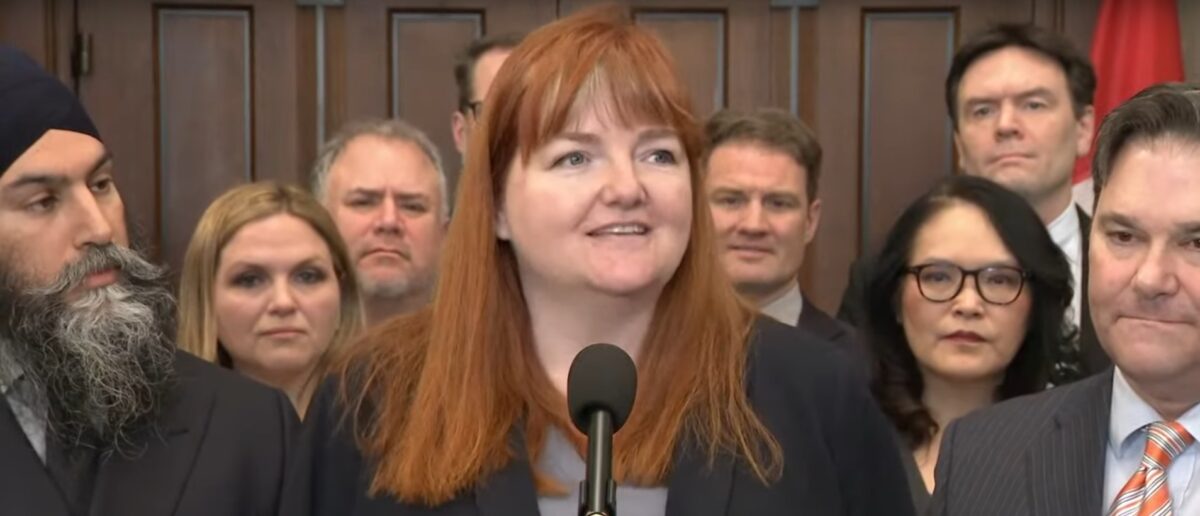 Executive Vice President of the Canadian Labour Congress Siobhán Vipond speaking on Parliament Hill after the announcement of the national pharmacare bill on Thursday, February 29.