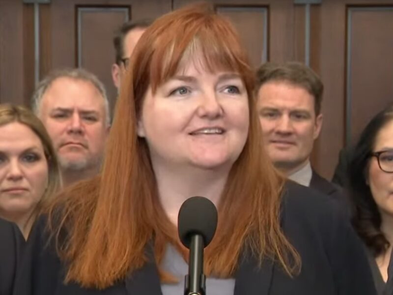 Executive Vice President of the Canadian Labour Congress Siobhán Vipond speaking on Parliament Hill after the announcement of the national pharmacare bill on Thursday, February 29.