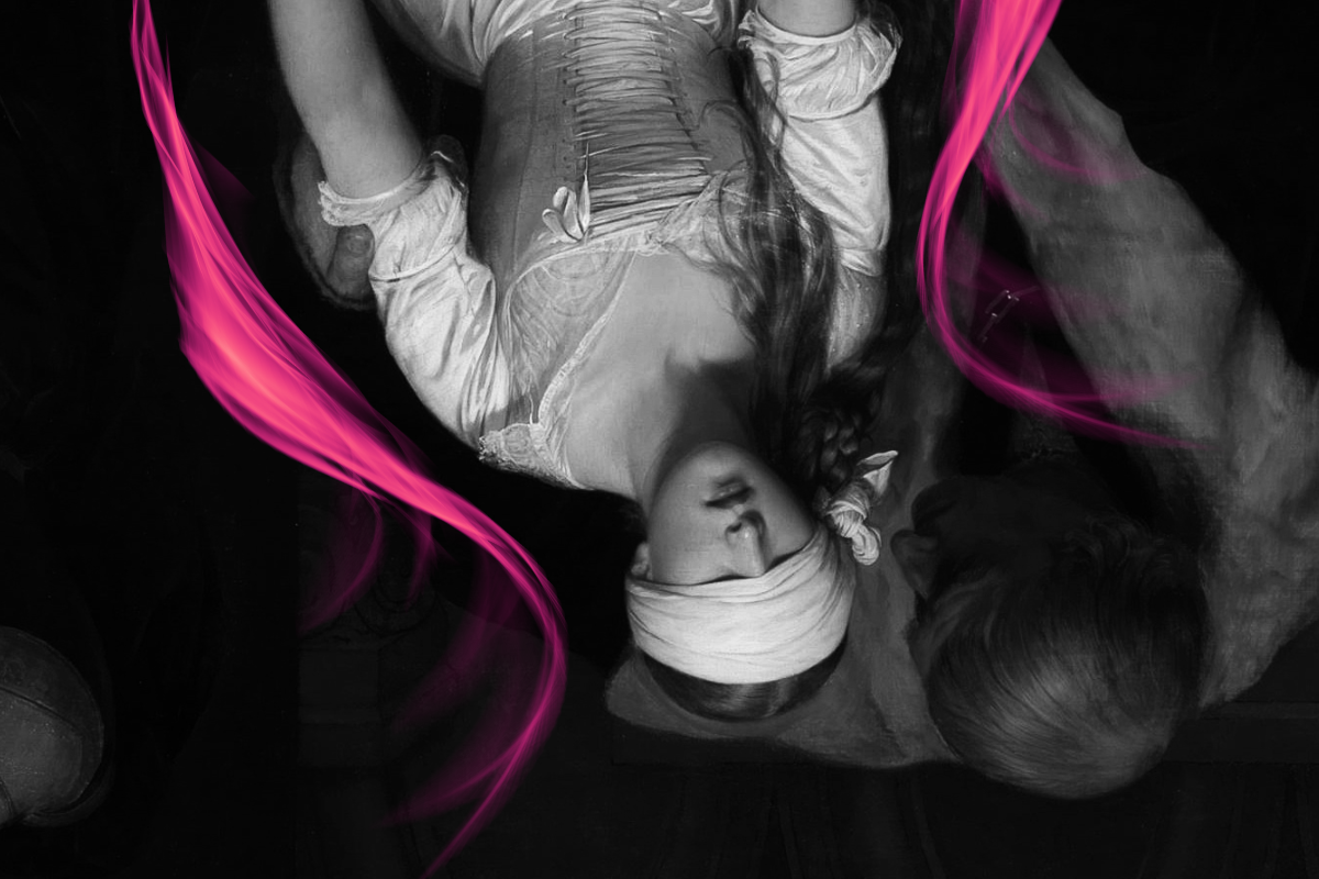 A black and white, edited photo of the Portrait: The Execution of Lady Jane Grey.