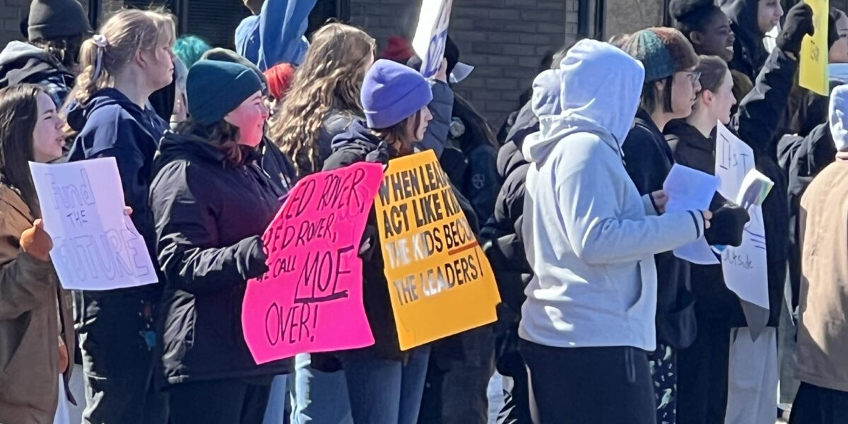 Student demonstrators walked out of school and to MLA Don Morgan’s constituency office to protest the Saskatchewan government's underfunding of the education sector.