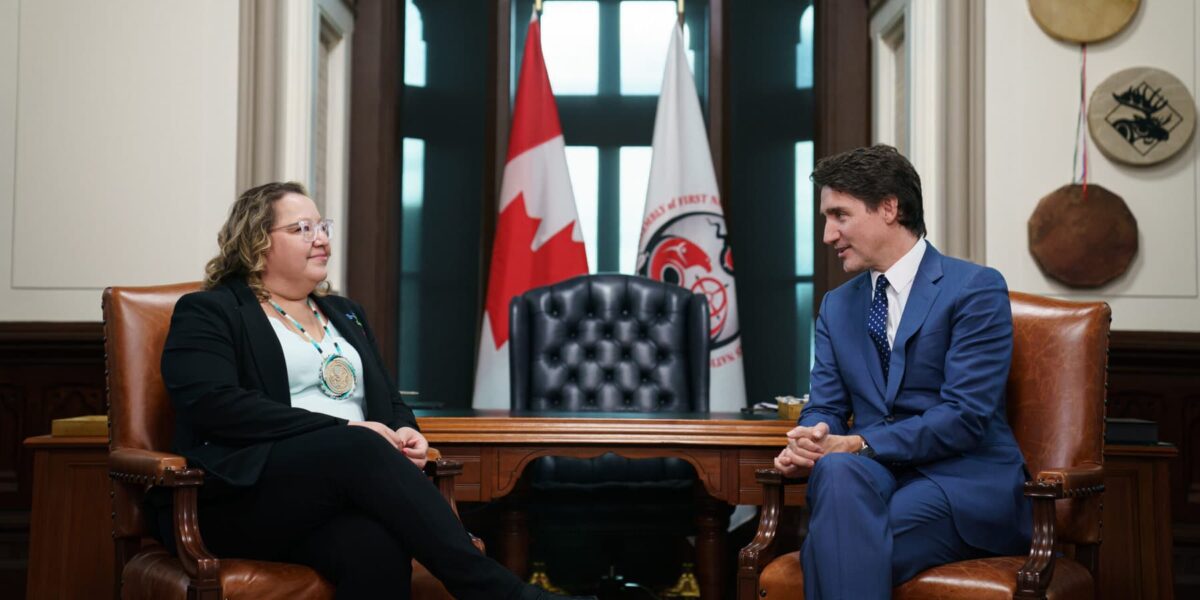 AFN National Chief Cindy Woodhouse Nepinak in a meeting with Prime Minister Justin Trudeau on March 5, 2024.