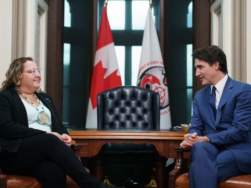 AFN National Chief Cindy Woodhouse Nepinak in a meeting with Prime Minister Justin Trudeau on March 5, 2024.