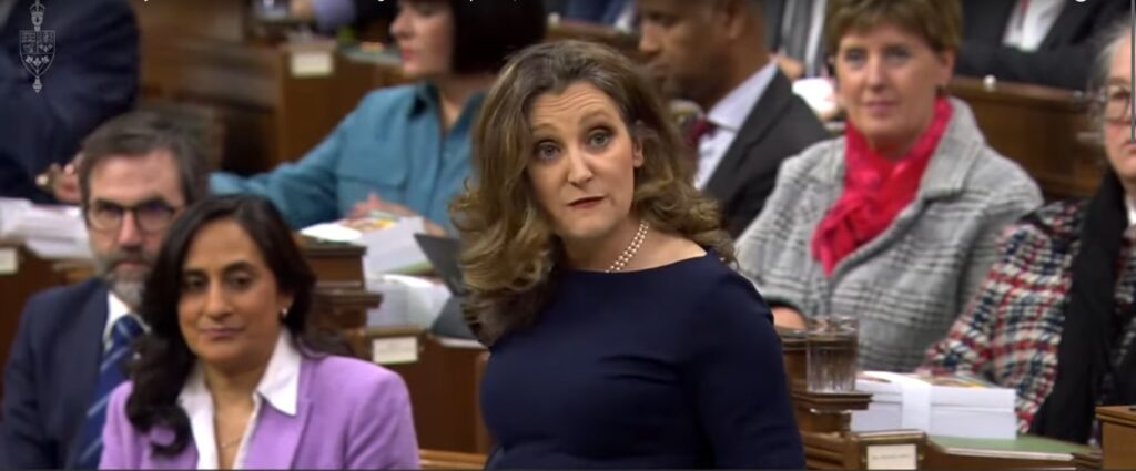 Finance Minister Chrystia Freeland presenting the 2024-2025 federal budget on April 16, 2024.