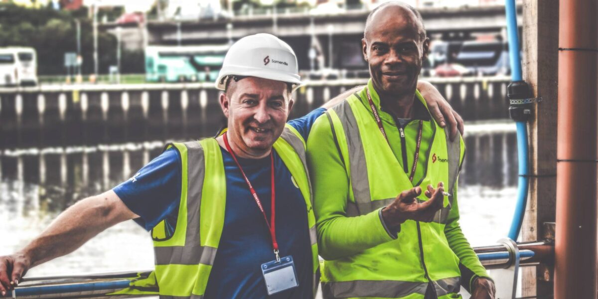 Two construction workers having a break.