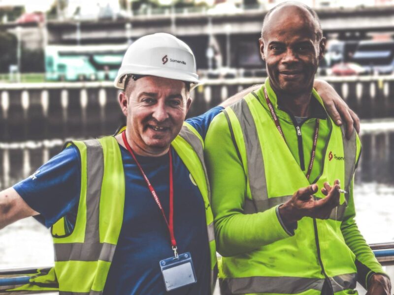 Two construction workers having a break.