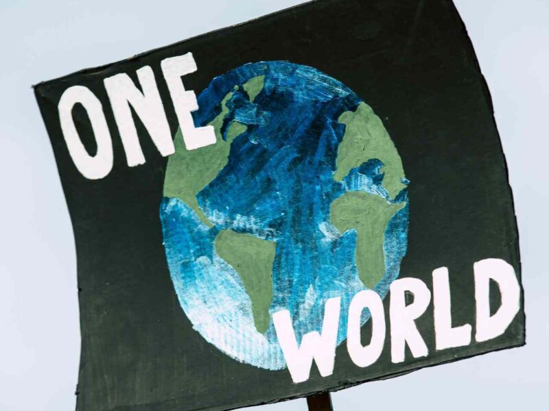 A photo of an Earth Day protest sign showing the globe with the words "One World" written on it.