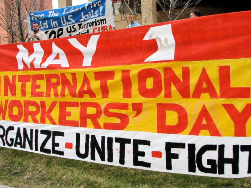 A May Day banner.