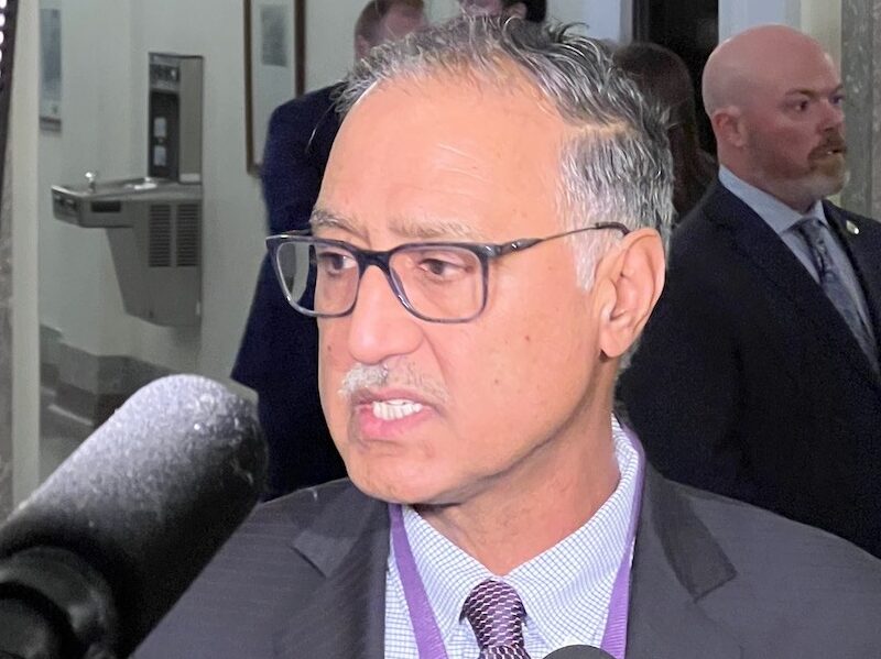 Edmonton Mayor Amarjeet Sohi encounters reporters during a recent visit to the Alberta Legislature.