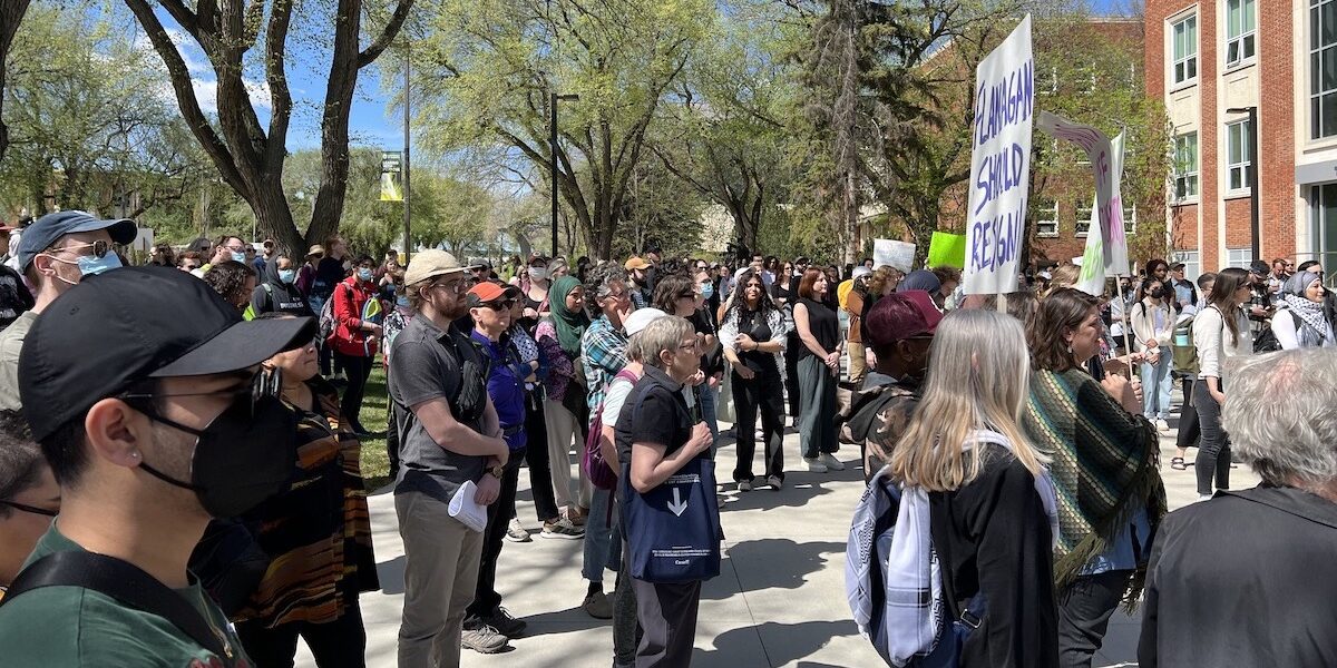 Part of the crowd protesting outside the University of Alberta administration building.