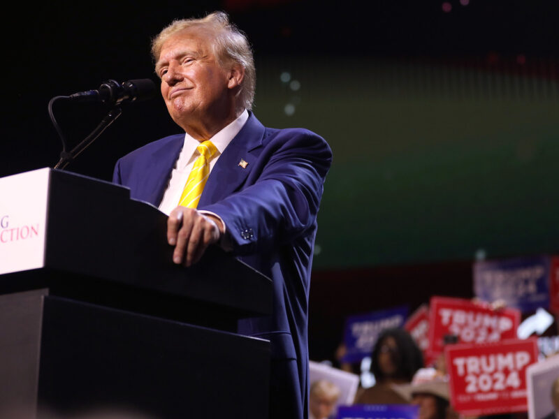 Former U.S. president Donald Trump speaking at a "Chase the Vote" rally at Dream City Church in Phoenix, Arizona.