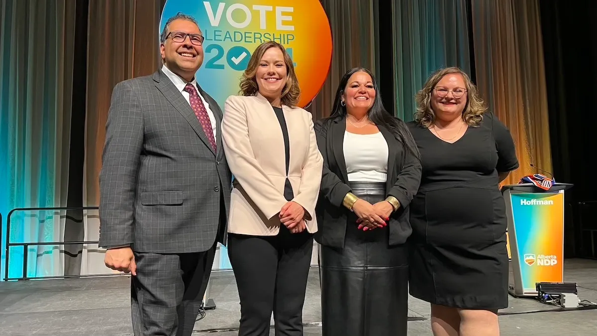 The candidates in the NDP leadership debate, from left to right, Naheed Nenshi, Kathleen Ganley, Jodi Calahoo Stonehouse and Sarah Hoffman.
