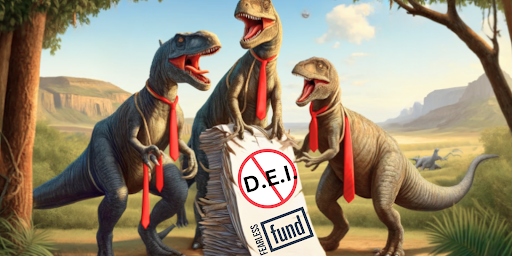 An image of three dinosaurs in red ties standing around a sign that says DEI with a stop sign over it and Fearless Fund.