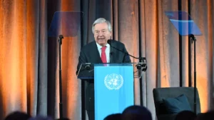 United Nations Secretary General António Guterres speaking at the Museum of Natural History in New York City.