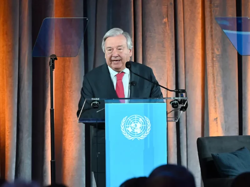 United Nations Secretary General António Guterres speaking at the Museum of Natural History in New York City.