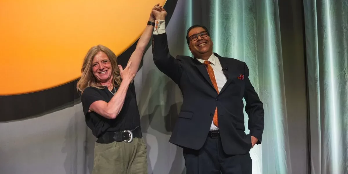 New NDP Leader Naheed Nenshi and outgoing Opposition Leader Rachel Notley at Saturday afternoon’s announcement of the party’s leadership race results in Calgary.