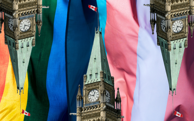 An image of Parliament Hill with a rainbow flag background.