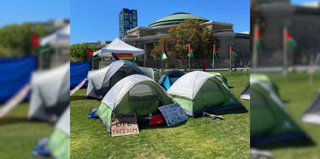 Tents that are part of the student encampment protest on UofT campus.