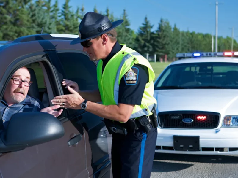 An Alberta Sheriffs Branch officer illustrates a typical traffic stop in 2008 with a volunteer driver.