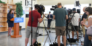 Alberta Premier Danielle Smith responds to reporters’ questions at a news conference on July 23, 2024.