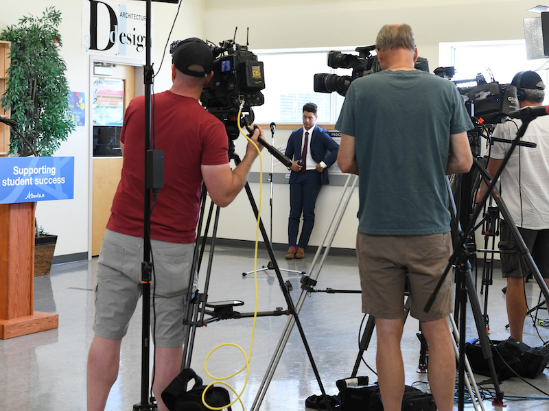 Alberta Premier Danielle Smith responds to reporters’ questions at a news conference on July 23, 2024.