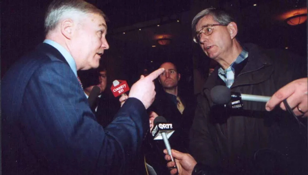 Conrad Black, then head of the company that owned the Calgary Herald, argues with union local president Andrew Marshall during a journalists’ strike at that newspaper in 1999.