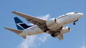 A WestJet aircraft in flight.