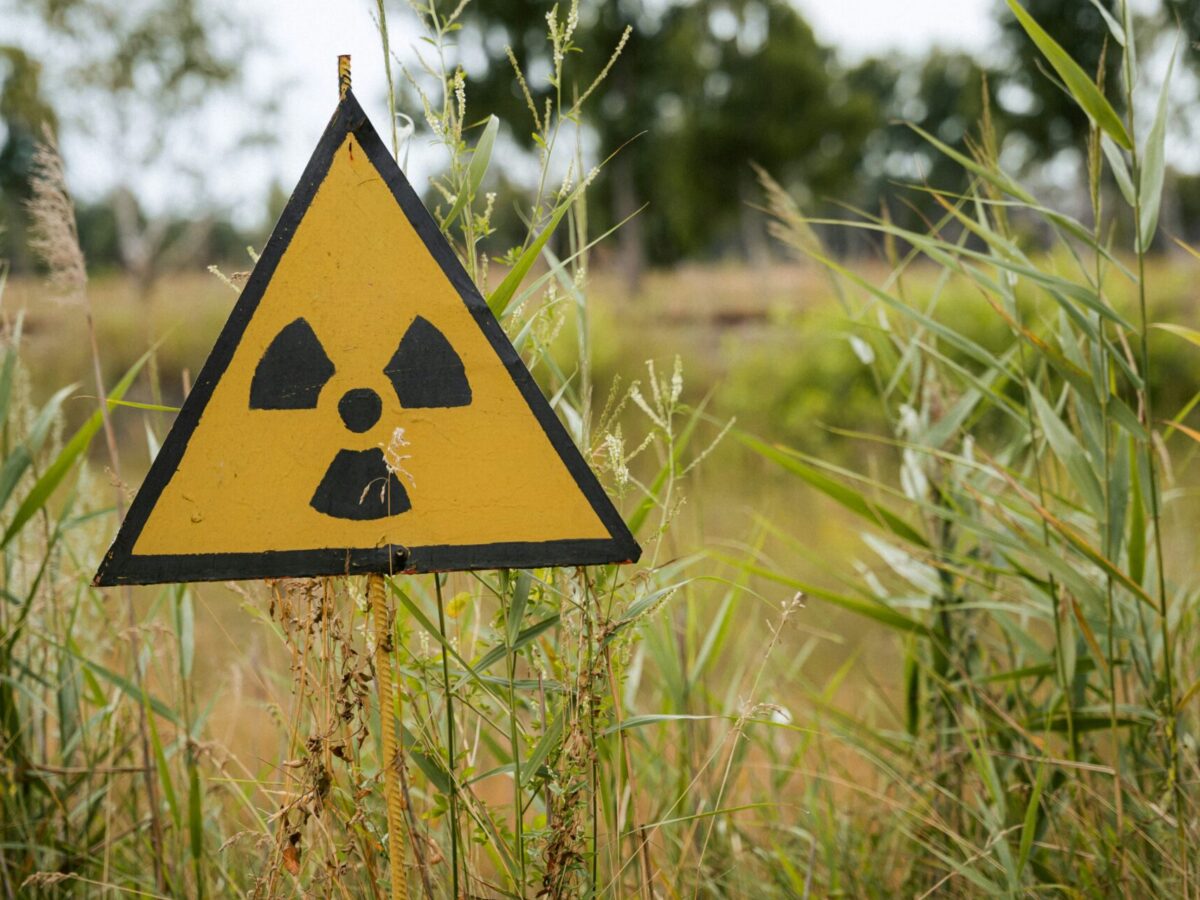 A radioactive sign at the radioactive exclusion zone around Chernobyl in Ukraine.