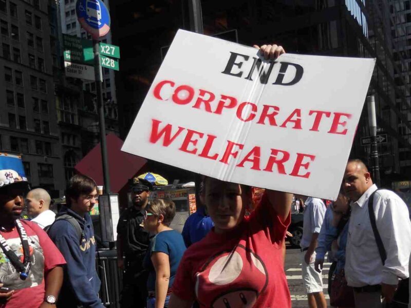 A woman holding a sign that reads "End Corporate Welfare."