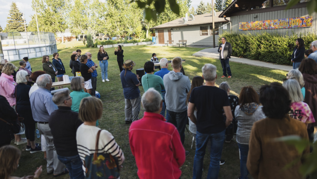 Alberta NDP Leader Naheed Nenshi addresses a small group at a Calgary constituency association event last Friday