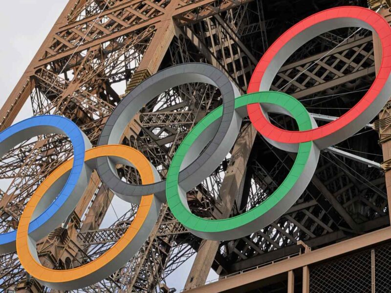 The Olympic rings on the Eiffel Tower.