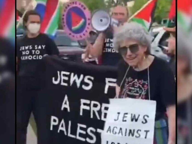 Jews Say No to Genocide protesting outside of Pride of Israel Synagogue.