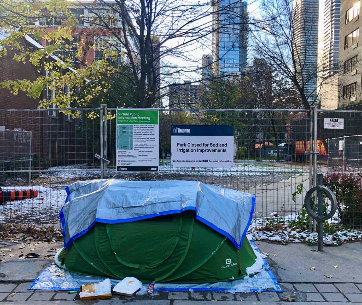 A tent In George Hislop Park in Toronto.