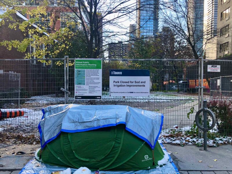 A tent In George Hislop Park in Toronto.