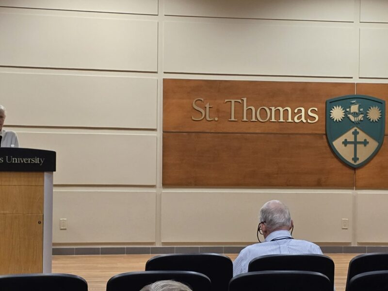 Distinguished Researcher Pat Armstrong delivering a lecture on joy in long-term care at St. Thomas University on October 3, 2024.