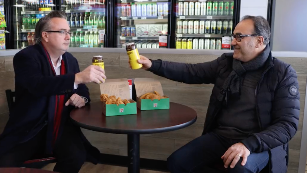 “Red Tape Reduction” Minister Dale Nally and his pal Larry toast beer in convenience stores in an Edmonton 7-Eleven back in February 2023.