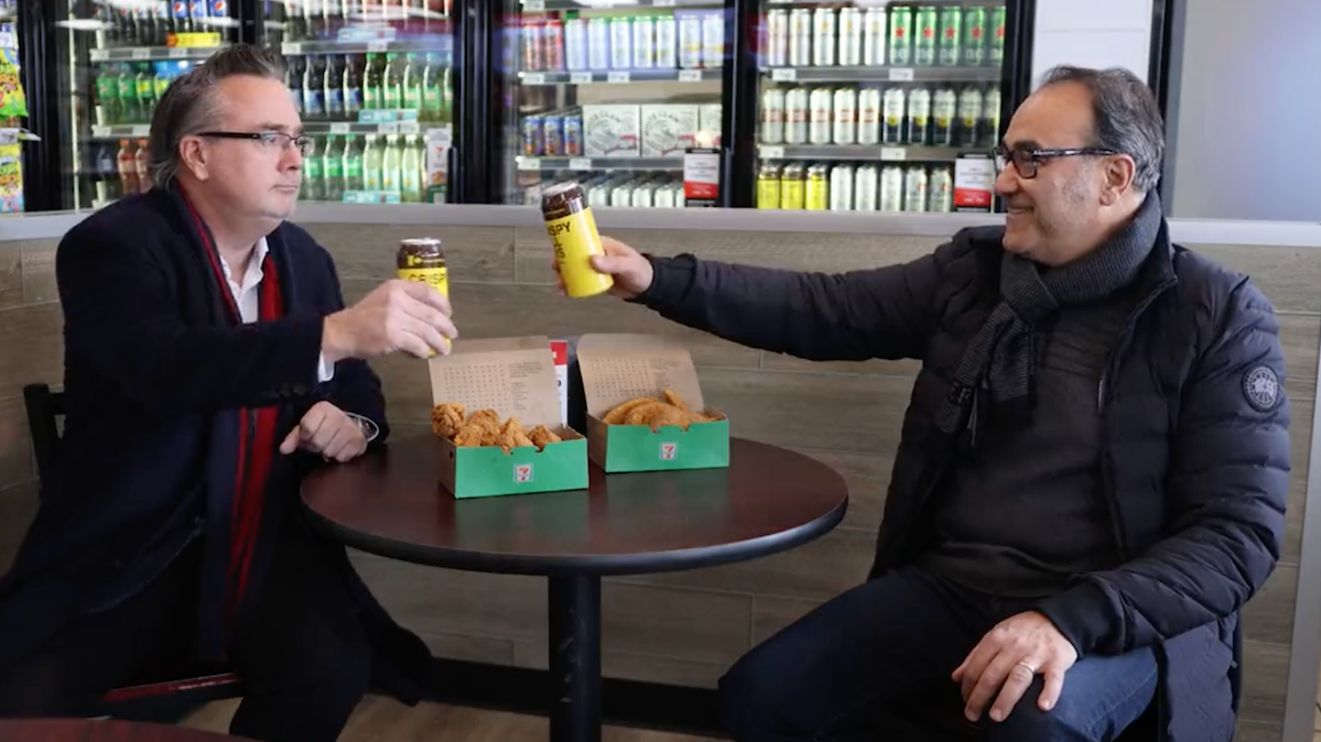 “Red Tape Reduction” Minister Dale Nally and his pal Larry toast beer in convenience stores in an Edmonton 7-Eleven back in February 2023.