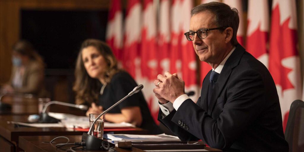 Bank of Canada Governor Tiff Mackem with Finance Minister Chrystia Freeland in the background.