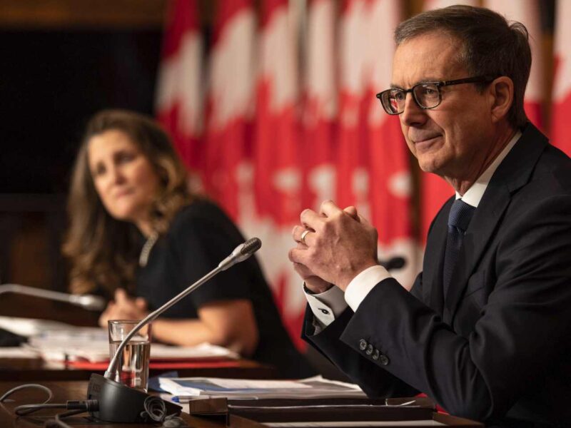 Bank of Canada Governor Tiff Mackem with Finance Minister Chrystia Freeland in the background.