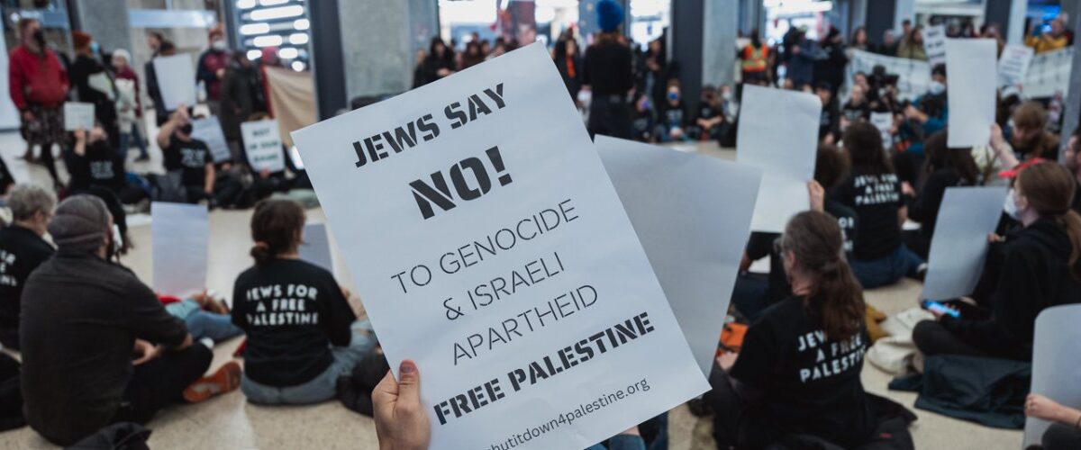 A sign from a Jews Say No to Genocide rally.